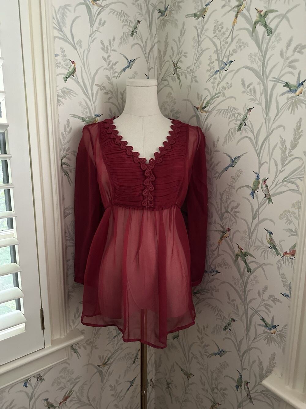 Meadow Rue Anthropologie Peasant Top Shirt Blouse Sheer Red Ruffle Size 4